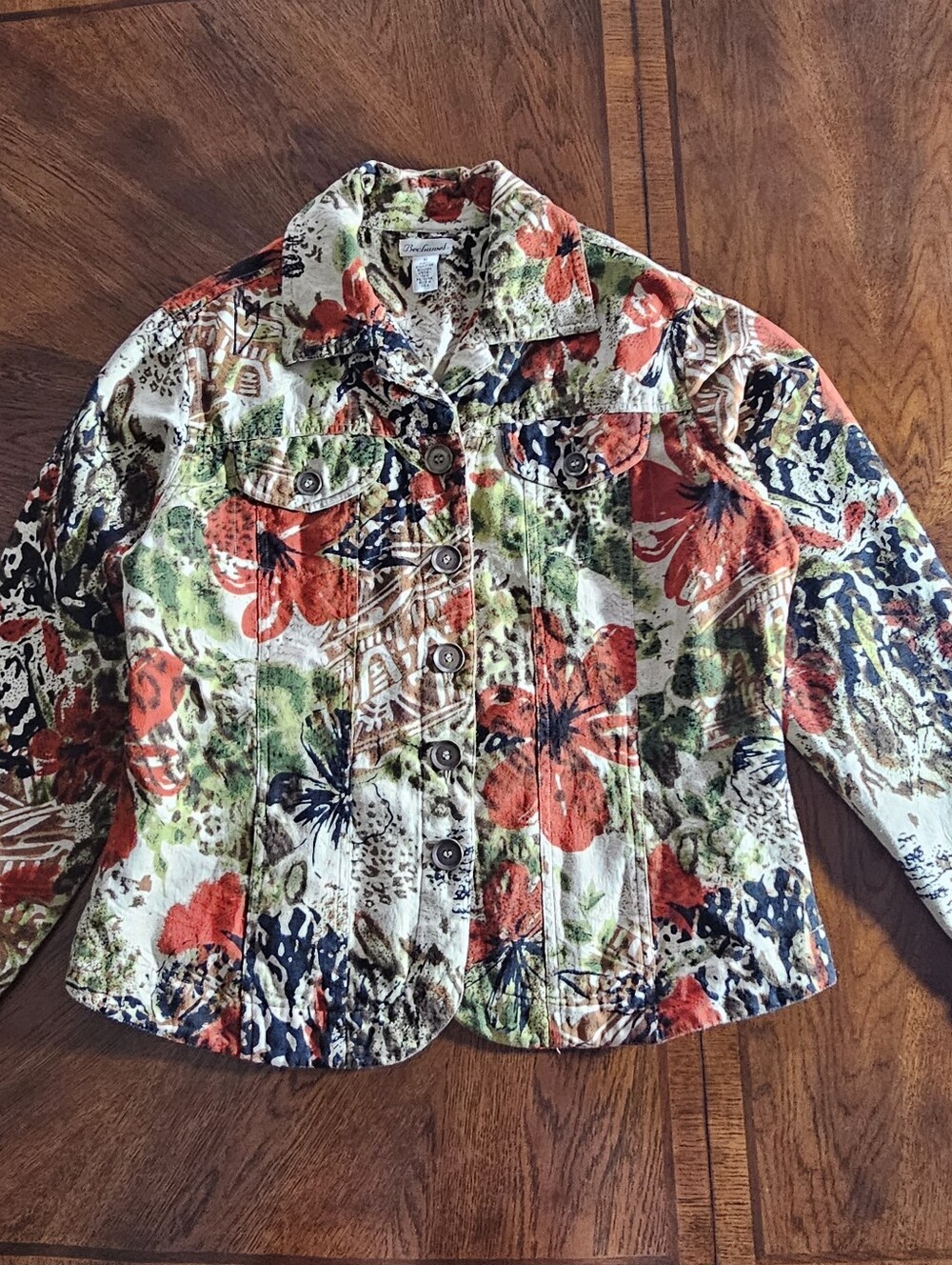 Bechamel Multicolor Floral Print Shirt Jacket — Red, Green, Navy